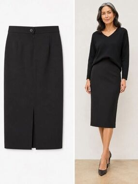 Lauren Ralph Lauren Black Wool Midi Pencil Skirt Back Slit Size 10